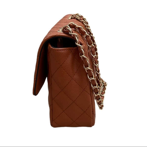 NWT caramel brown vegan leather quilted flap bag with gold chain strap - Picture 5 of 9